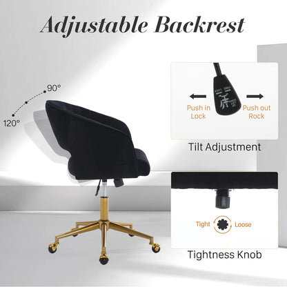 Home Office Swivel Desk Chair, Modern Velvet Vanity Chair, Height Adjustable Armchair with Gold Base, Ergonomic Office Chair for Task Study Computer Room, Beige