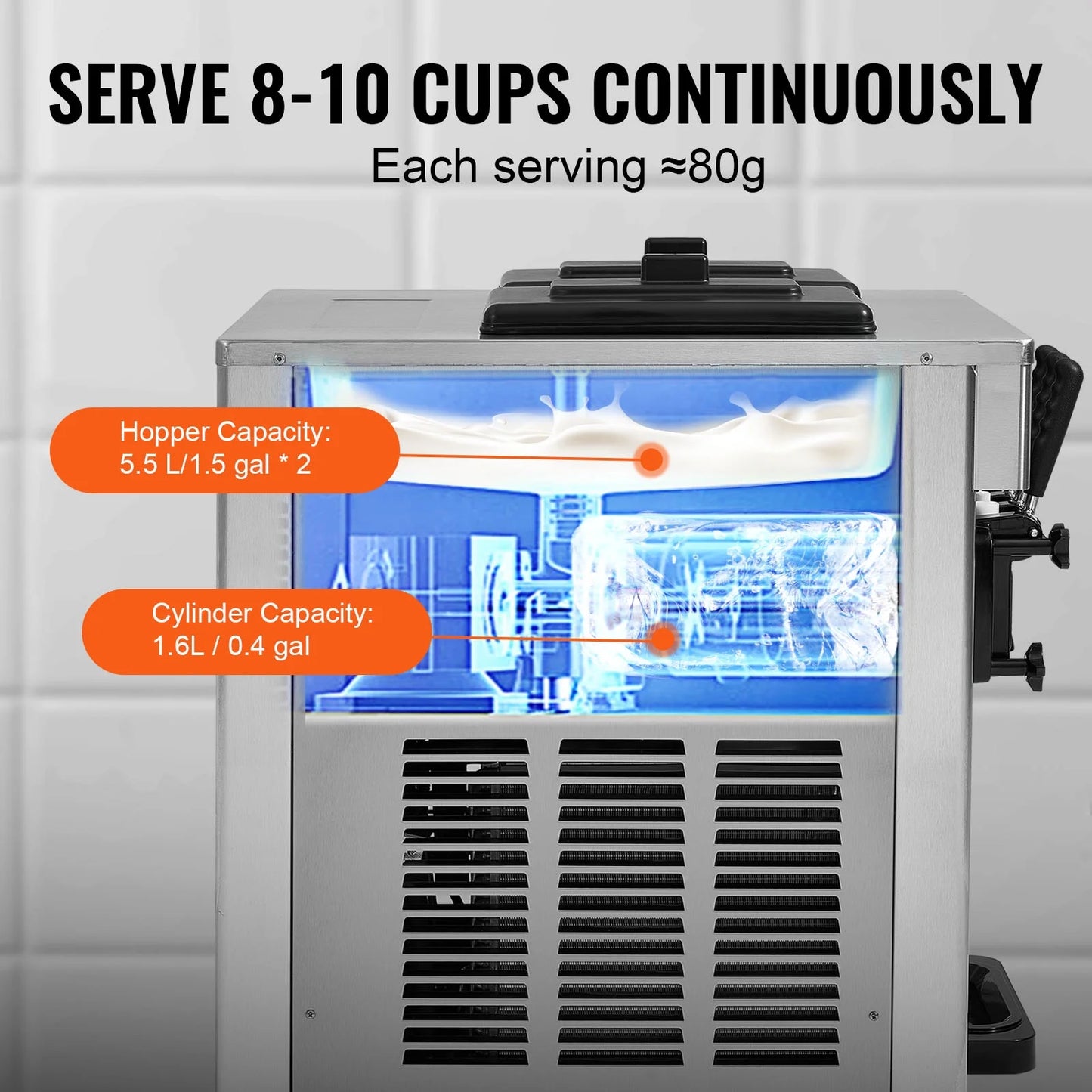 KFFKFF Commercial Soft Ice Cream Machine 18-28 L/H 5.5L*2 Cylinder 3-Flavor Serve Ice Cream Maker