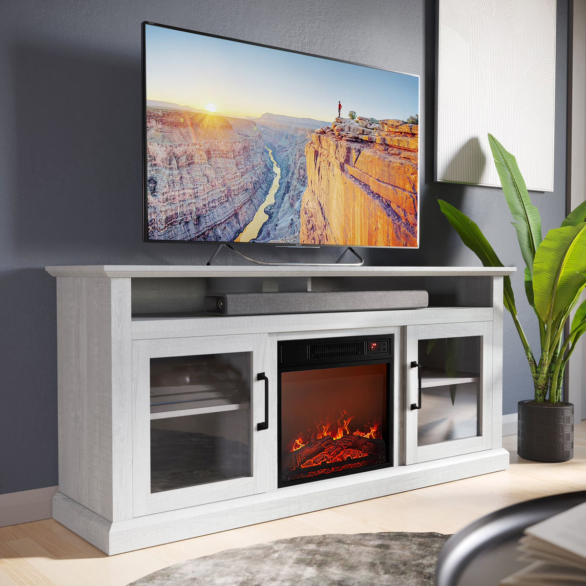 BELLEZE 60" TV Stand with 18" Electric Fireplace, Traditional TV Stand for TVs up to 65", Modern Media Entertainment Center Console Table with Open Storage Shelves & Cabinets - Cayman (Rustic Grey)