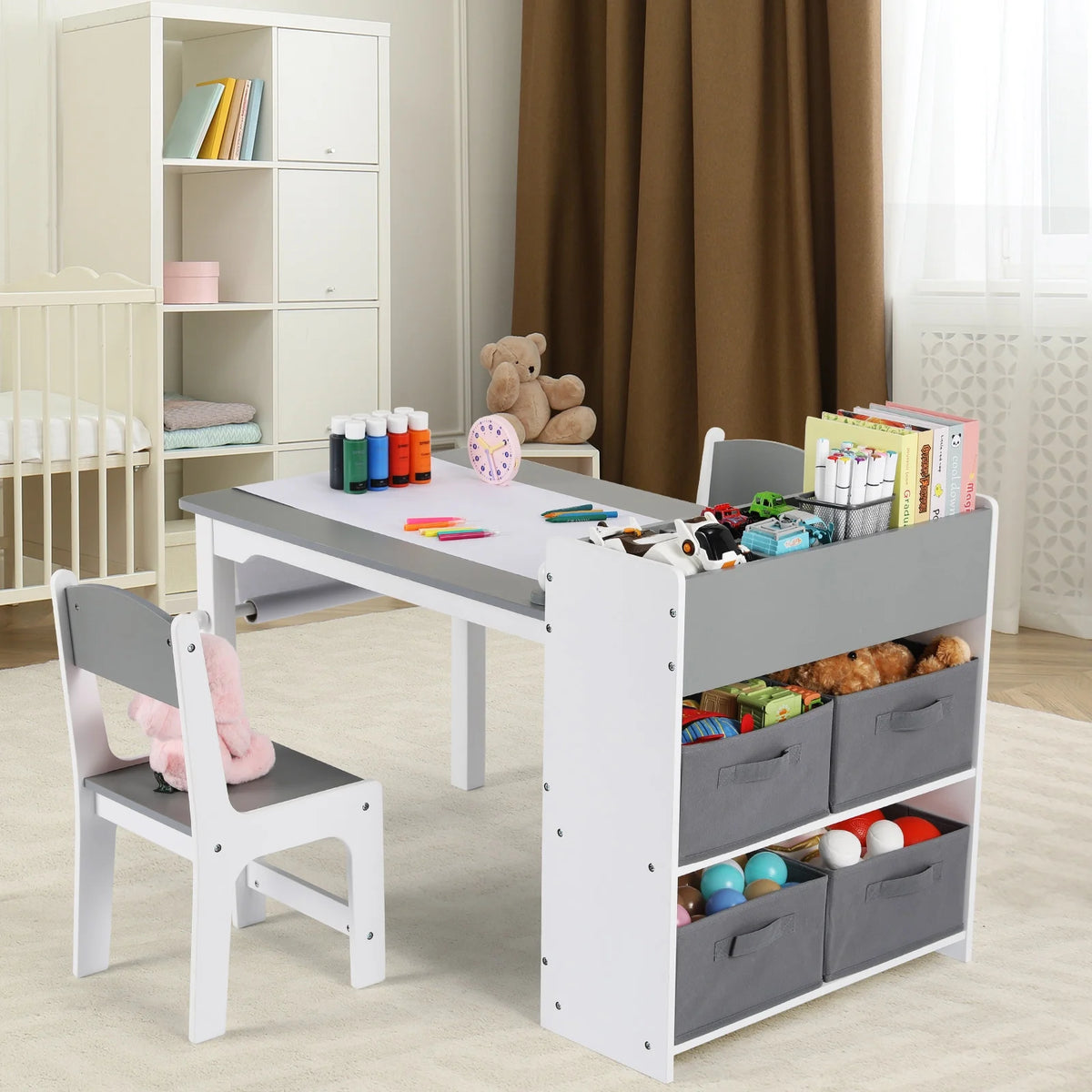 Pirecart Kids Art Table and 2 Chairs Toddler Craft Set Wooden Play Activity Drawing Table with 4 Storage Bins and Paper Roll