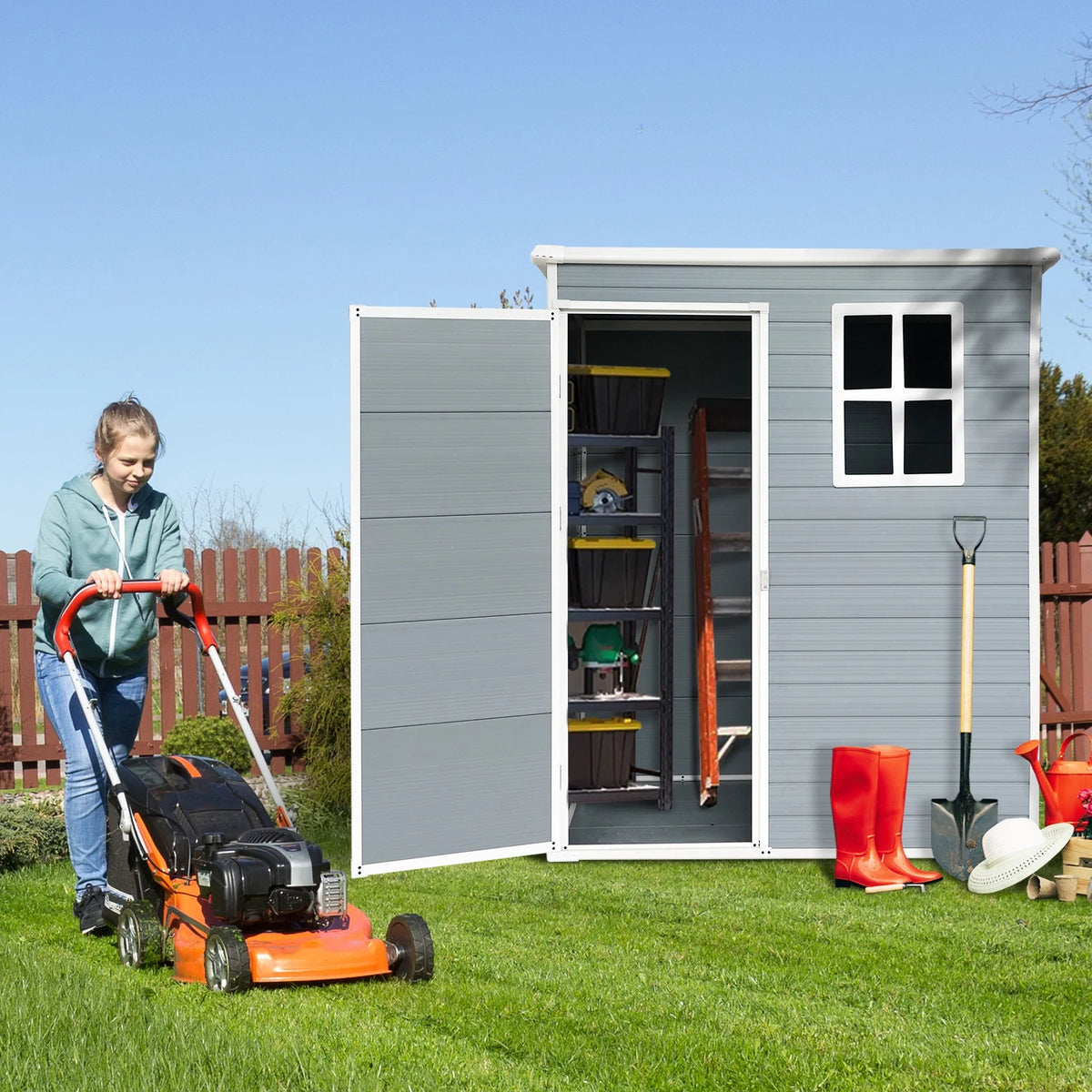 Seizeen Shed and Outdoor Storage, 41 Cu.Ft Small Outdoor Resin Shed with 3 Doors & Floor, 306GAL Deck Box Waterproof Plastic Tool Storage Shed for Cushion Lawn Mower Garbage Cans