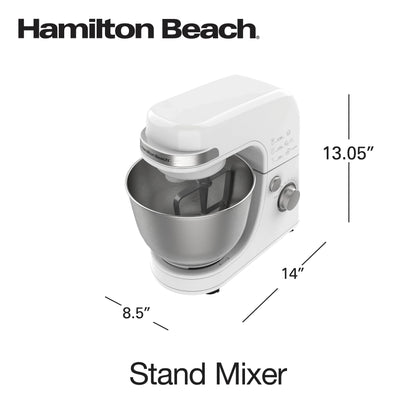 Hamilton Beach 4 Quart Stand Mixer for Kitchen, 7 Speeds, Tilt-Head, Dough Hook, Whisk & Flat Beater, White