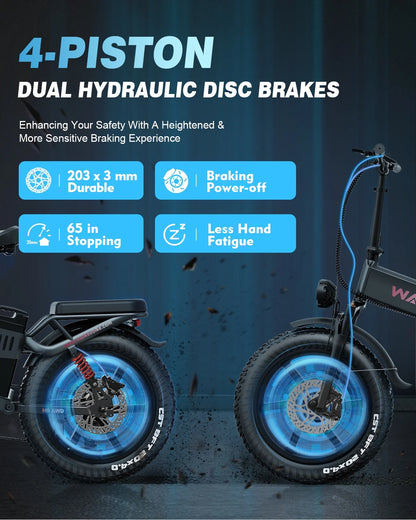Wallke H9 AWD 3200W Dual Motor Electric Bike for Adult, 82Ah 48V Dual Battery Long Range e-Bicycle, 31-34MPH Fast Ebike, 20" Fat Tire Offroad Full Suspension Folding, 3mm Aluminum Alloy Frame,UL2849