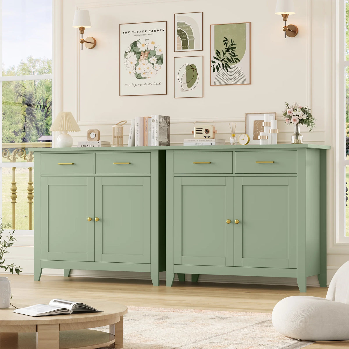 Homfa Entryway Cabinet, Kitchen Storage Cabinet, Farmhouse Buffet Sideboard with 2 Drawers and 2 Doors,Coffee Bar with Storage for Dining Room Living Room,White