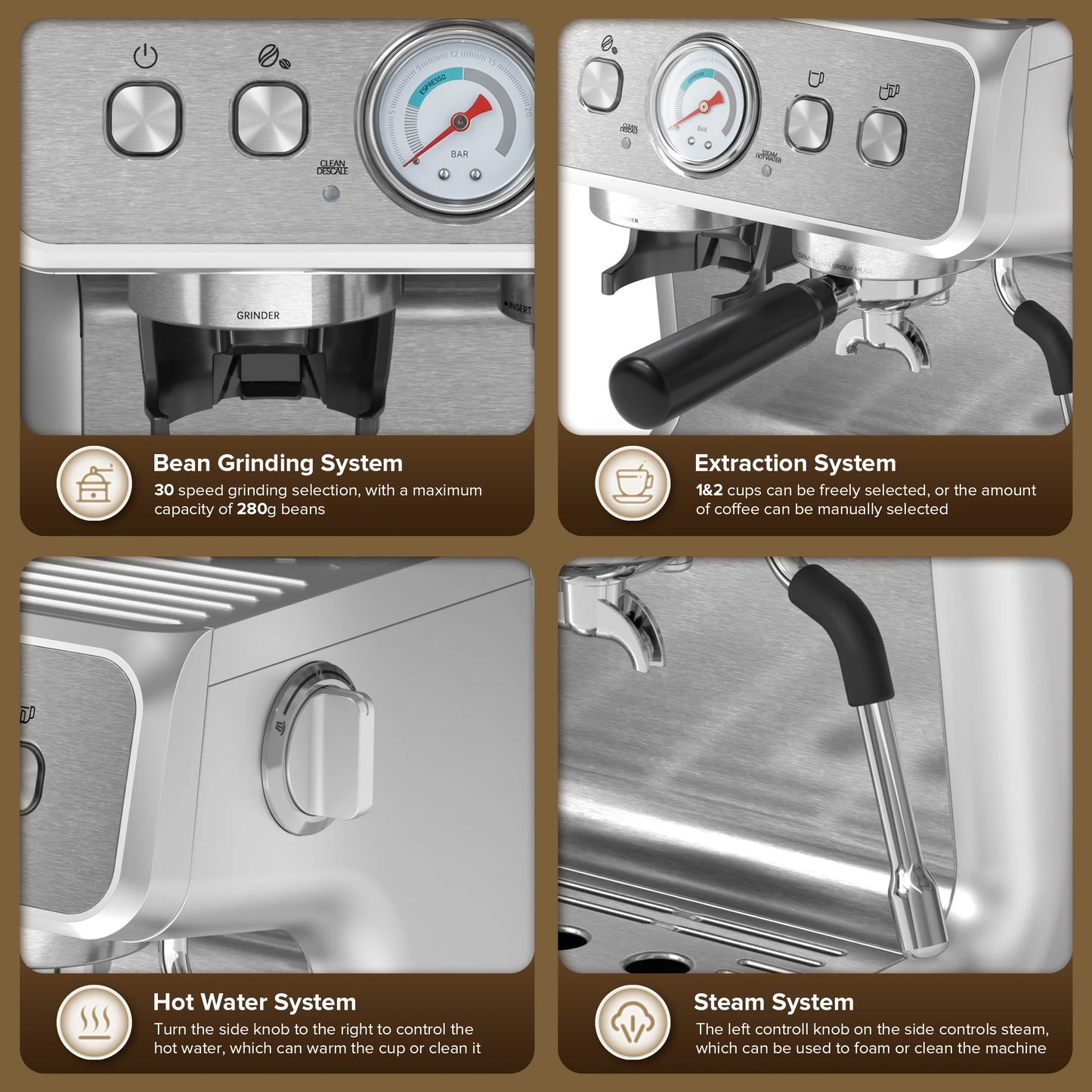 Auseo  20 Bar Automatic Espresso Coffee Maker with Grinder and Milk Frother Steam Wand, Drip Hot Coffee, 1&2 Cups, Espresso/Cappuccino/Latte/Mocha for Home, Stainless Steel