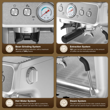 Auseo  20 Bar Automatic Espresso Coffee Maker with Grinder and Milk Frother Steam Wand, Drip Hot Coffee, 1&2 Cups, Espresso/Cappuccino/Latte/Mocha for Home, Stainless Steel