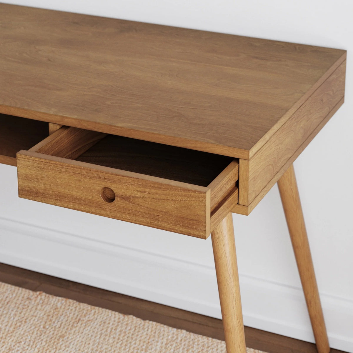 Nathan James Parker Modern Home Office Desk in Walnut Wood with Open Storage Cubby and Small Drawer, Walnut