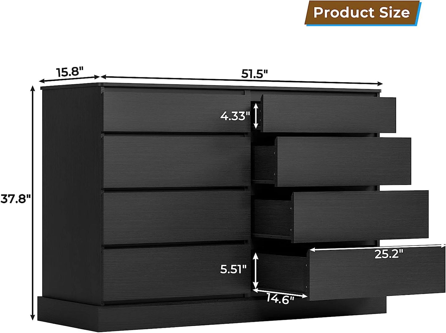8 Drawers Double Dresser Wooden Black Chest of Drawers for Bedroom, Large Storage Cabinet for Home Living Room