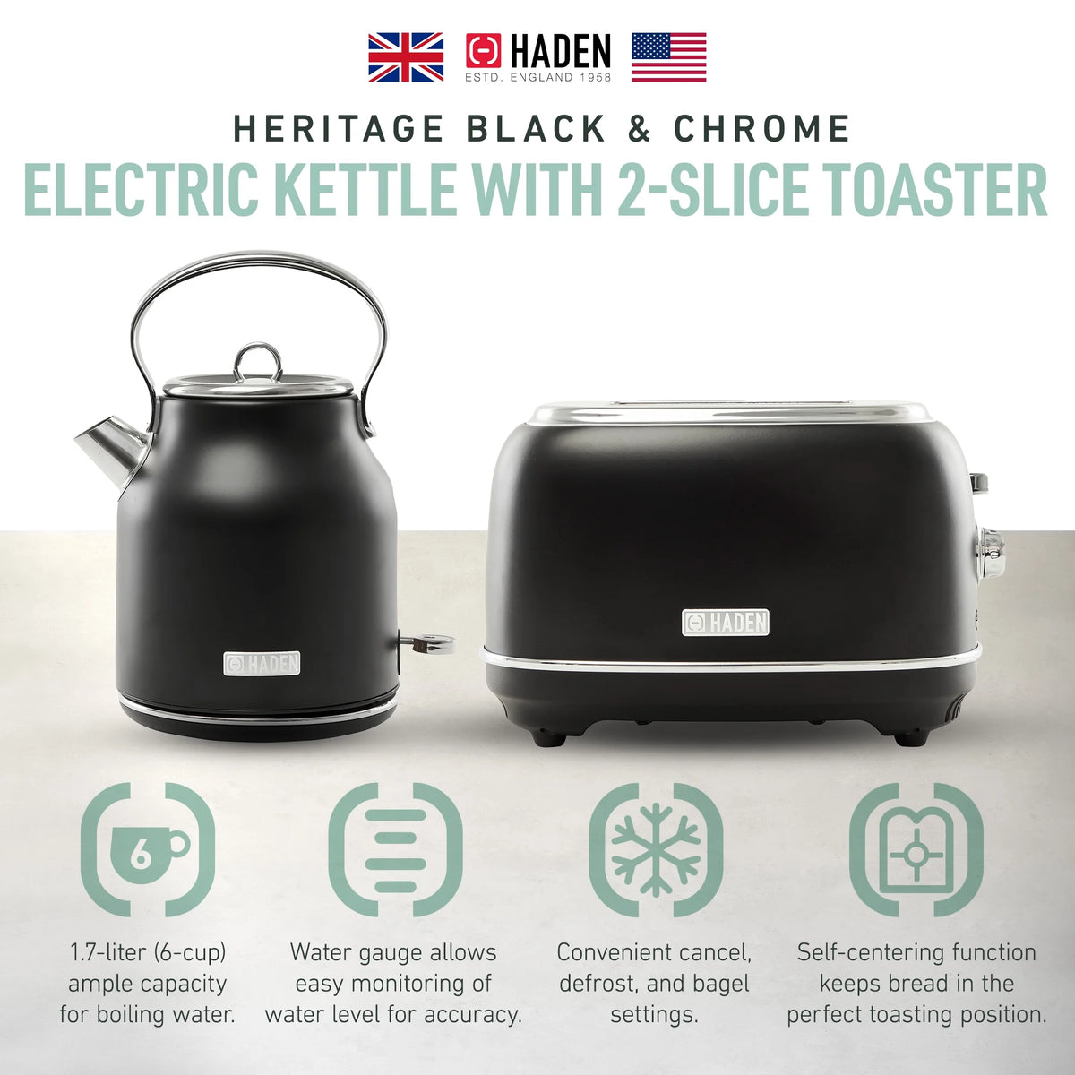 Haden Heritage 1.7 Liter Electric Kettle with 2 Slice Bread Toaster, White