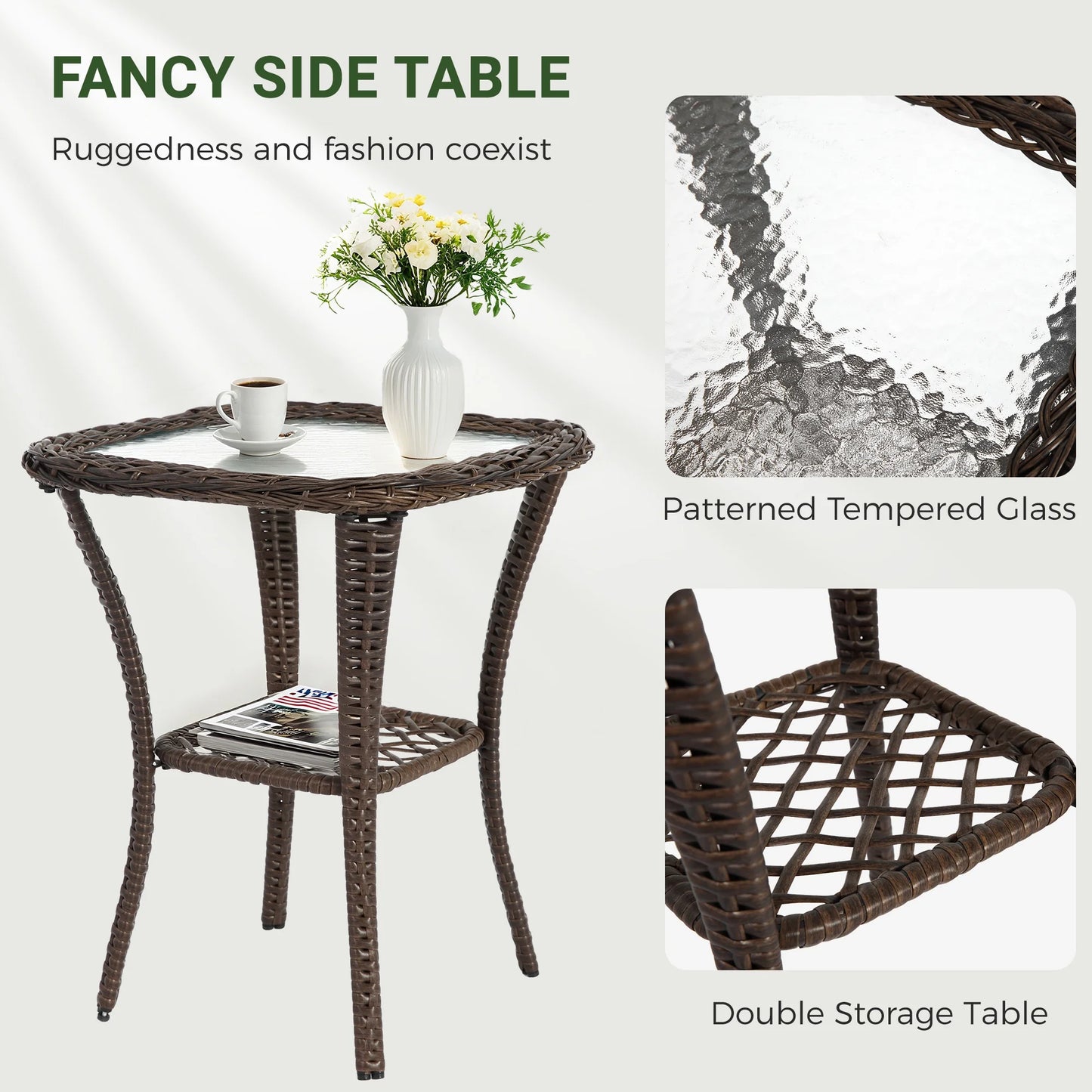 3 Piece Patio Swivel Rocker Chairs Set, 2 360-Degree Swivel Rocking Chairs with 1 Glass Top Table, PE Rattan Outdoor Bistro Set with Cushions for Balcony Deck Poolside Backyard Porch