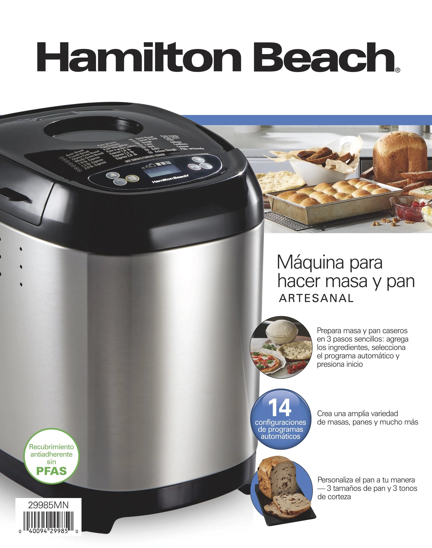 Hamilton Beach 2 lb Bread Maker Machine, Artisan Dough Bread Maker with 14 Settings, Black & Stainless Steel