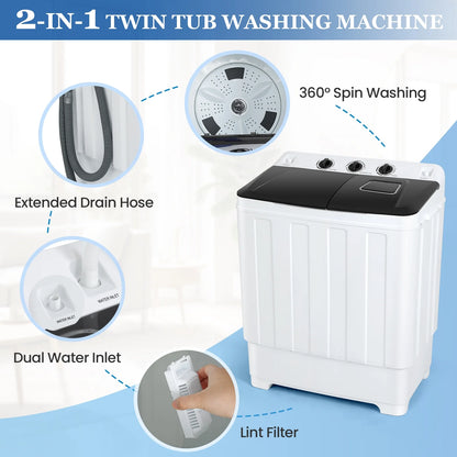 Qhomic Portable Washer 30lbs, 2-in-1 Twin Tub Washer & Dryer Combo Compact Semi-Automatic Washing Machine with Drain Pump, Black