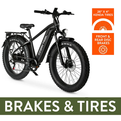 26" Ozark Trail M.3 Ranger+ Electric Fat Tire Bike, 48V, Class 2, Black, Fits Riders 5'2" - 6'1", Adult