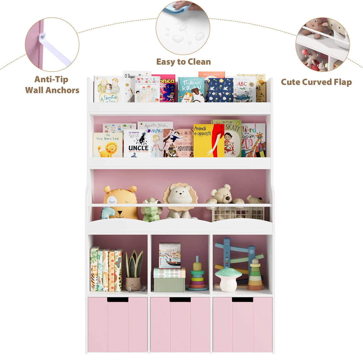 Homfa 55.5�� H Kids Bookshelf with 2-Tier Book Shelves, Children Toy Organizer with 3 Cubes and Removable Drawers, White