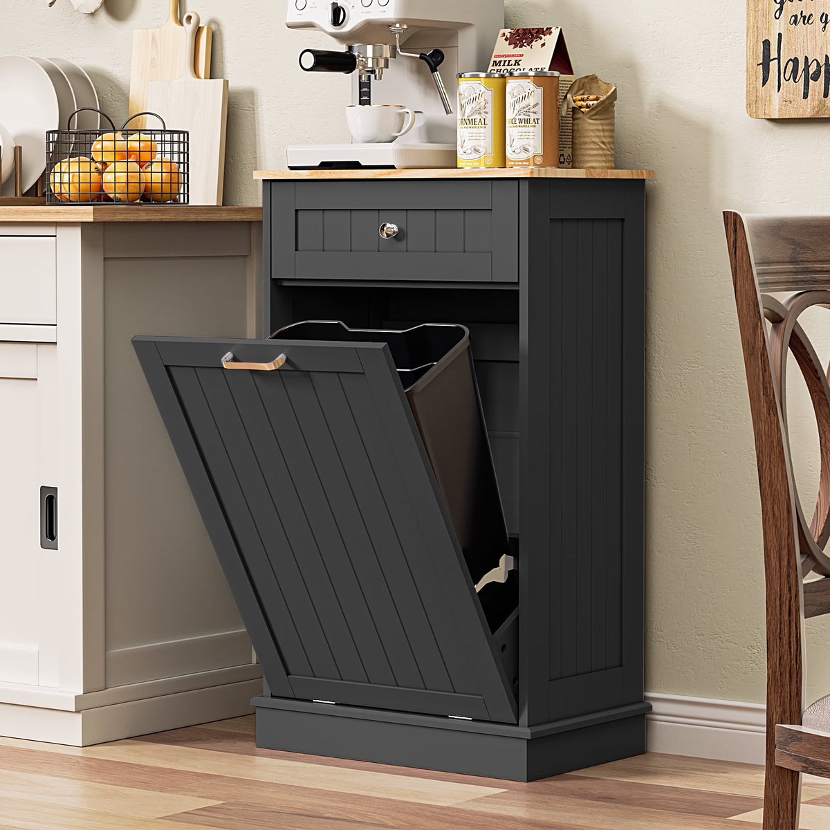 HARIPUL Single Tilt Out Trash Cabinet for 13 Gallon Waste Bin, Free Standing Kitchen Trash Can Cabinet with Drawers, White