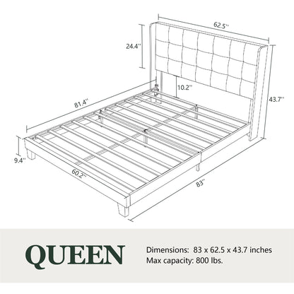 Amolife Queen Size Platform Bed with Wingback Headboard, Square Stitched Style, Dark Grey