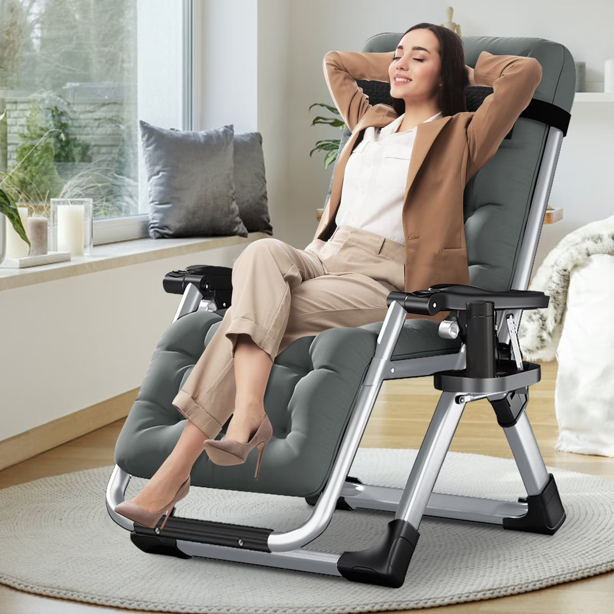 NAIZEA Zero Gravity Chair with Removable Cushion and Cup Holder Black