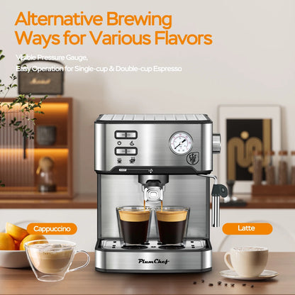 Plum Chef Espresso Coffee Machine, 20 Bar Cappuccino Latte Maker Coffee Machine with ESE POD Capsules Filter&Milk Frother, 1.6L Water Tank, for Home Barista, Stainless steel, 850W