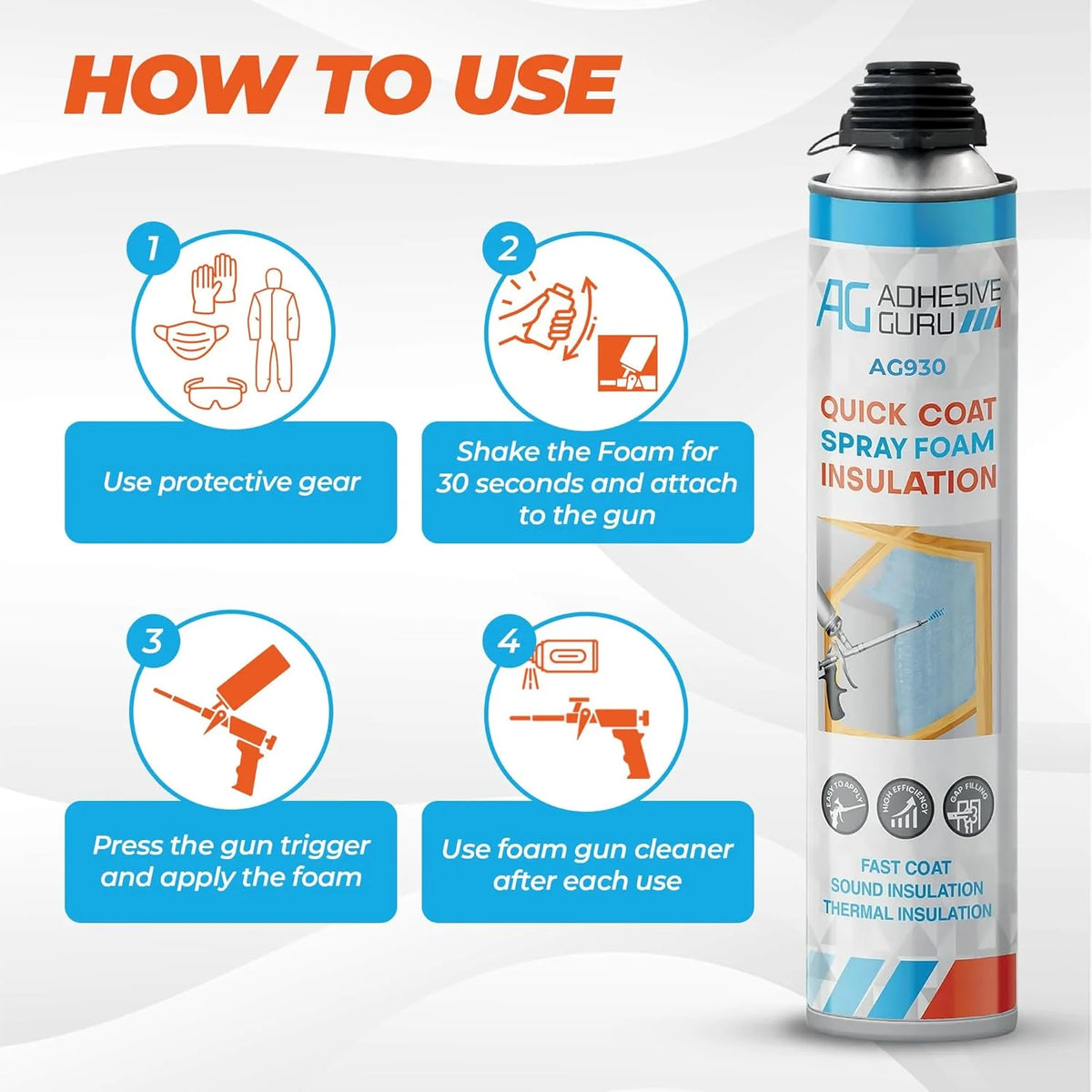 Adhesive Guru Spray Foam Insulation Kit (24 x 32.80 oz), Polyurethane Self-Expanding Spray Adhesive Foam, Closed Cell Heat Insulation and Acustic Spray with Cleaner and Dispensing Gun - 24 Pack