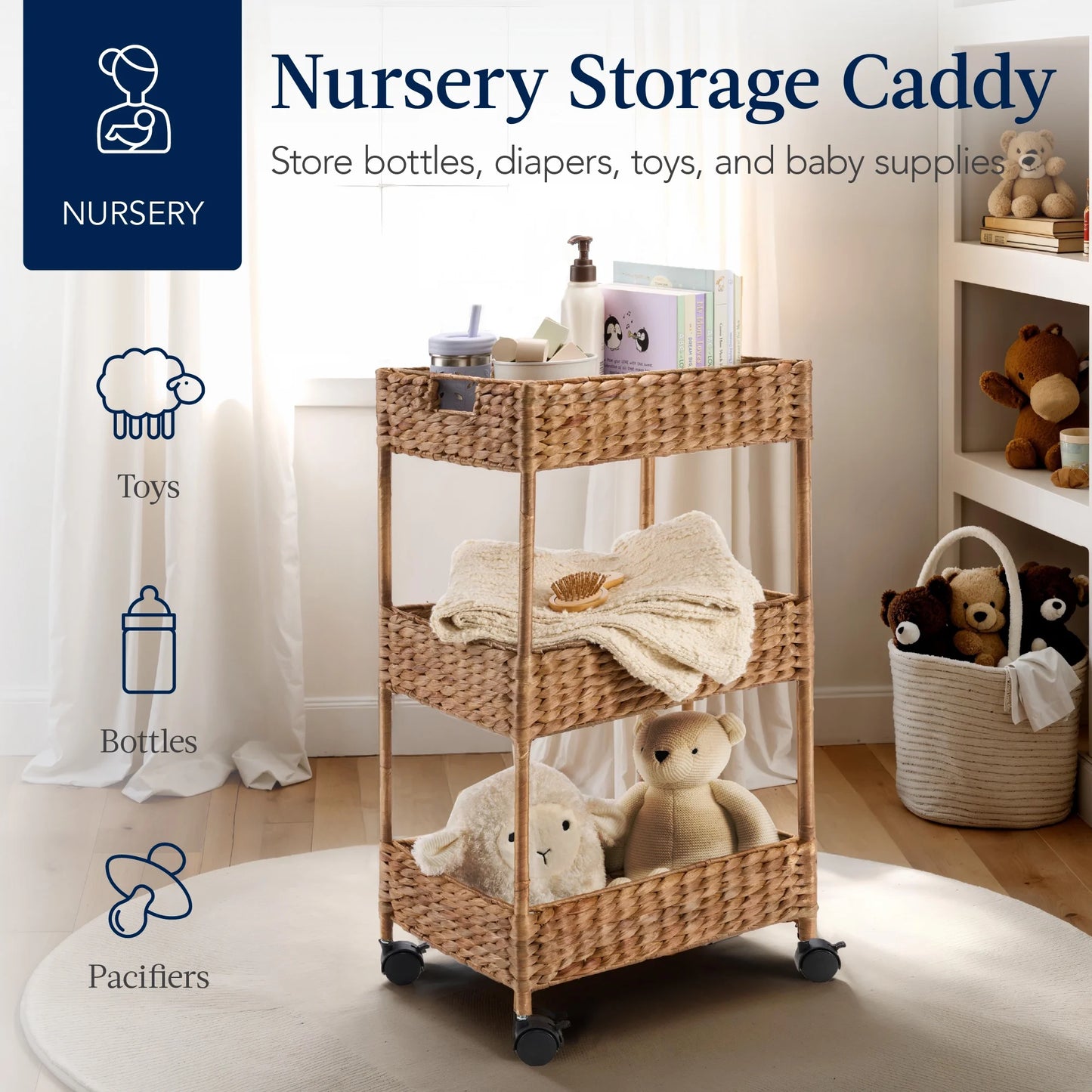 Best Choice Products 3-Tier Water Hyacinth Rolling Nursery Caddy w/ Wheels, Utility Cart, Storage Organization - Natural