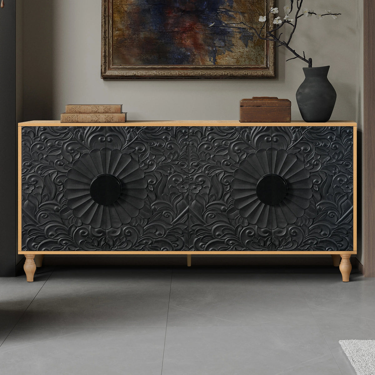 Aukfa 63" Large Accent Storage Cabinet TV Stand with Carved Door for Living Room,Entryway,Natural