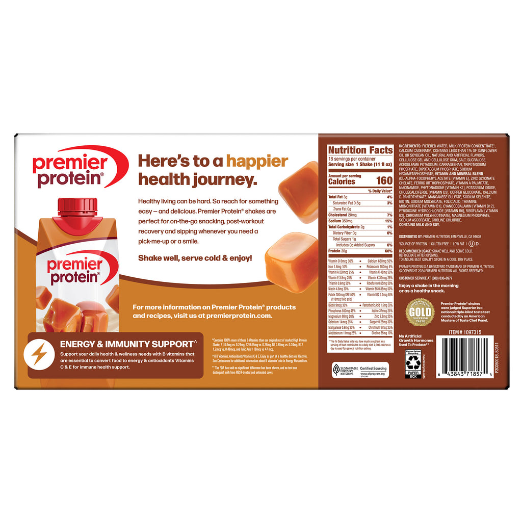 Premier 30g Protein PLUS Energy and Immune Support Shakes, Caramel, 11 fl oz, 18-pack