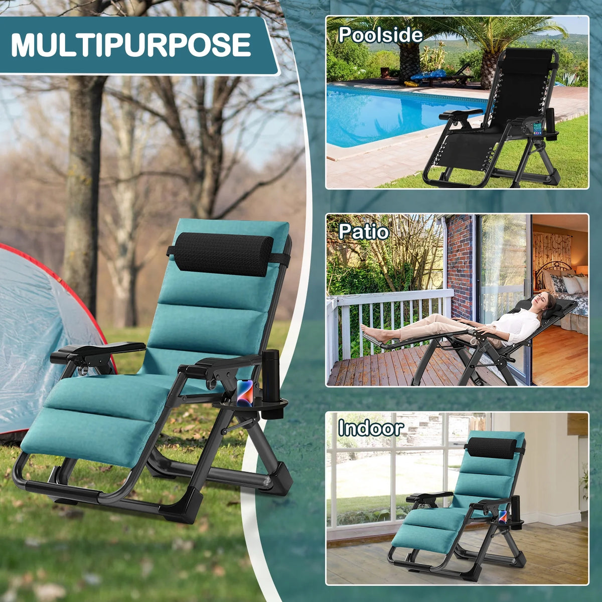 NAIZEA Zero Gravity Chair with Removable Cushion and Cup Holder Black