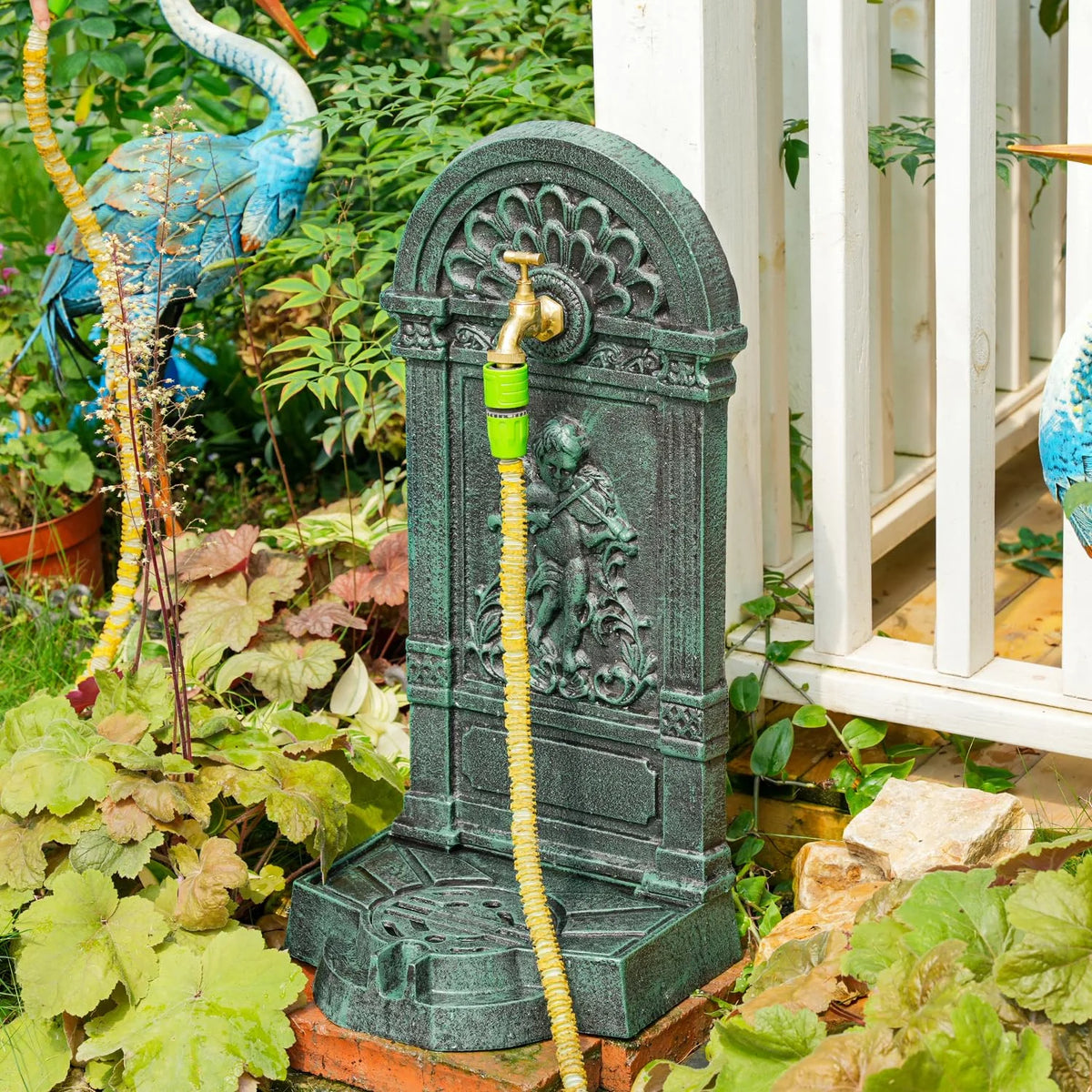 Sungmor Cast Iron Outdoor Water Column with Faucet, Freestanding Floor Farm Yard Decor, Green, 1 Count