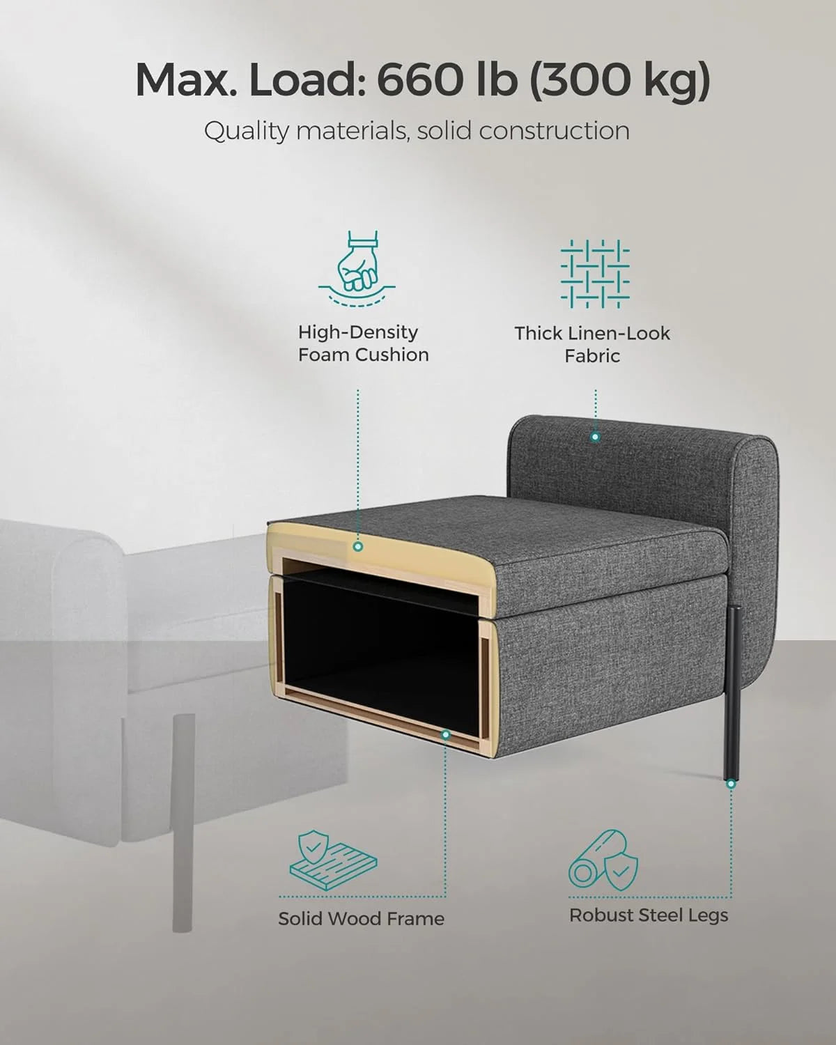 SONGMICS 46.5" Storage Ottoman Bench Storage Bench Bedroom Bench 330lb Load Capacity Solid Wood Legs Light Gray