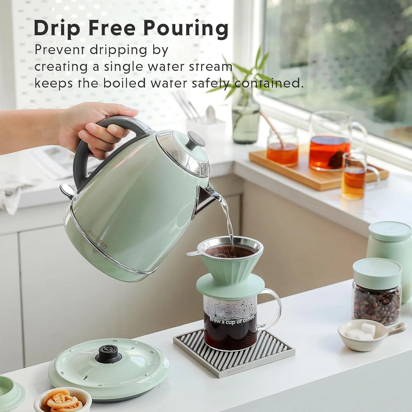 BUYDEEM K640N Stainless Steel Electric Kettle with Auto Shut-Off & Boil Dry Protection, 1.7L Cordless Hot Tea Water Boiler with Swivel Base, 1440W Fast Heating