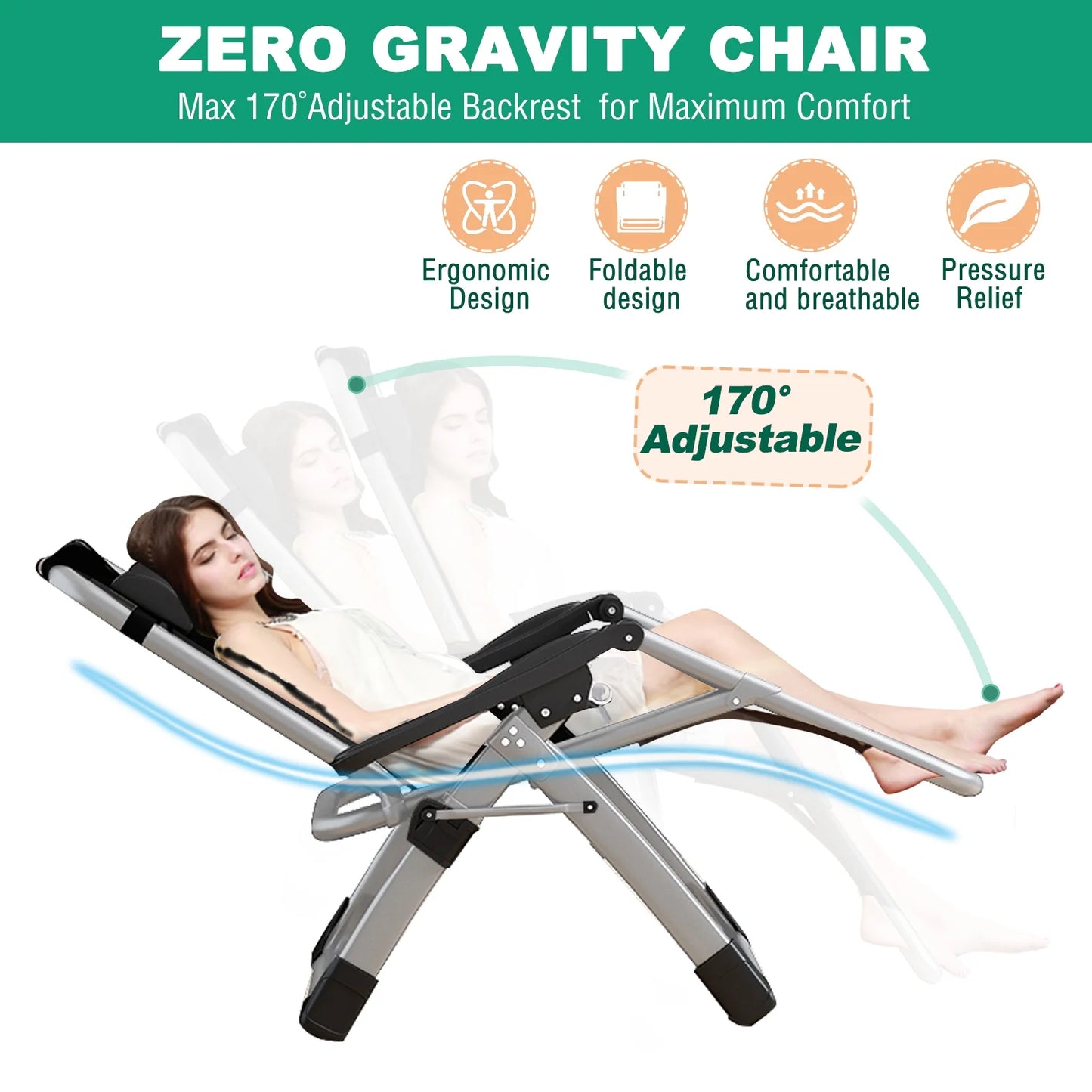 NAIZEA 2 Pack Zero Gravity Chair, Foldable Portable Lawn Recliner with Cushion, Headrest, Cup Holder, Black