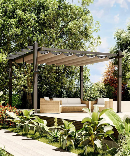 Outdoor Aluminum Pergola with Retractable Canopy, Reinforced 4-Sided Base, Waterproof & UV-Resistant Adjustable Roof, Modern Design for Patio, Deck, Backyard, and Garden