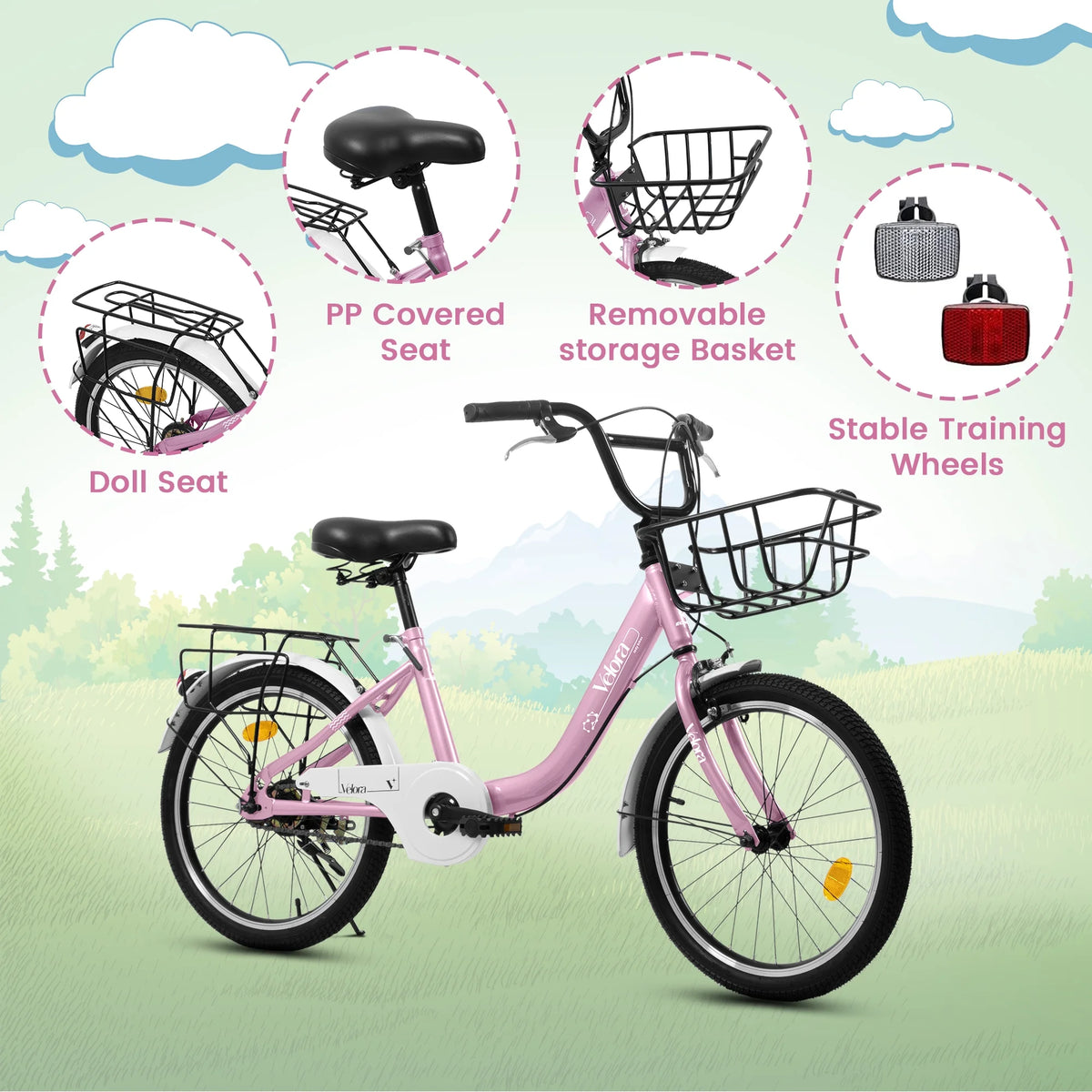 20 Inch Kids Bike for Boys Girls, 1 Speed Children Bicycle with Basket, Rear Seat, Chain Guard, Coaster Brake and V-Brake, Steel Frame Kids Bike for Ages 6-12 Years Old Birthday Gift, Purple