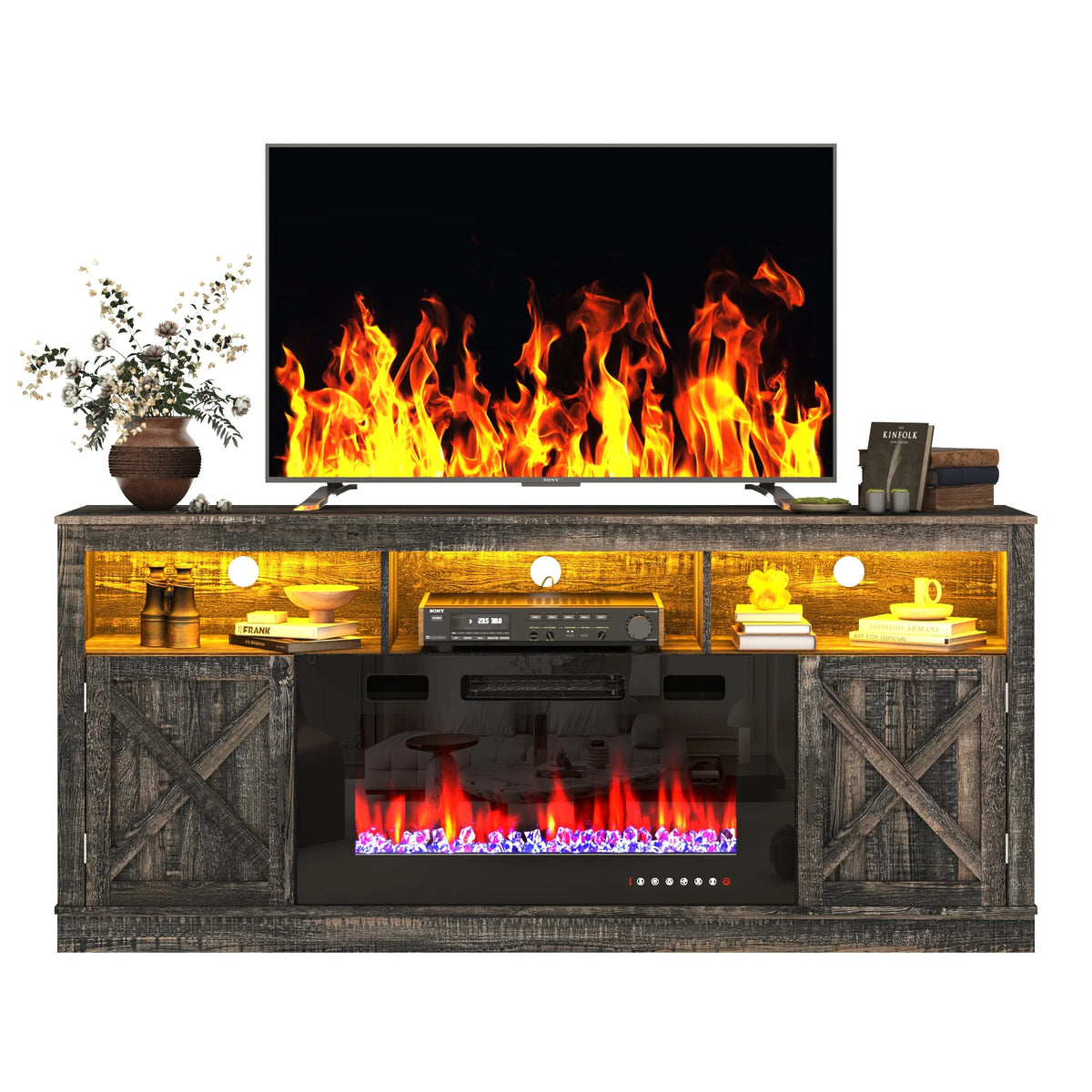 ChVans 70" Fireplace TV Stand for TVs up to 80" with 36" Electric Fireplace, Farmhouse Entertainment Center with LED, Wooden Media Console for Living Room, Bedroom
