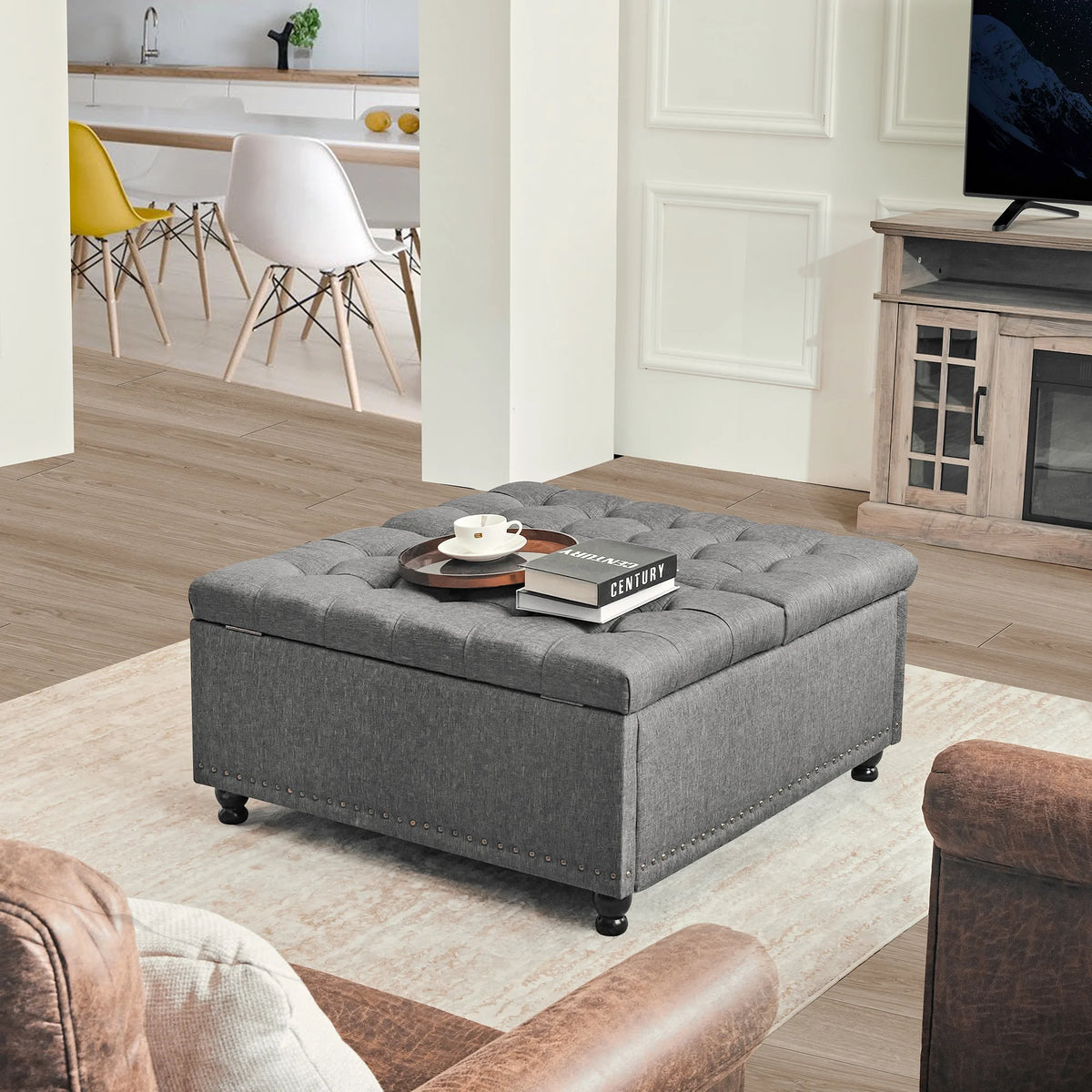Redlife 35 Inch Large Square Storage Ottoman Bench, Storage Ottoman Coffee Table Large Square Ottoman with Storage Lift Top Tufted Storage Ottoman for Living Room (Brown Leathaire)