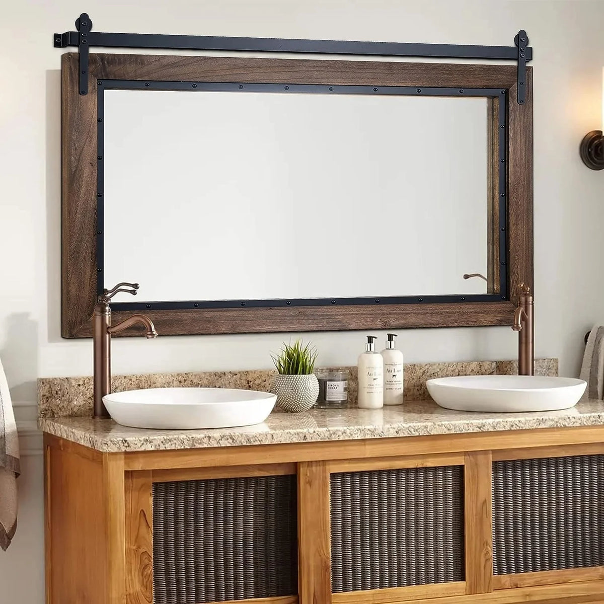 COSMOGO Farmhouse Barn Door Style Natural Wood Bathroom Vanity Wall Mirror 24"x32"