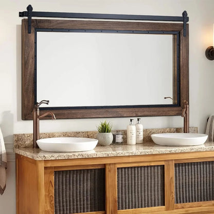 COSMOGO Farmhouse Barn Door Style Natural Wood Bathroom Vanity Wall Mirror 24"x32"