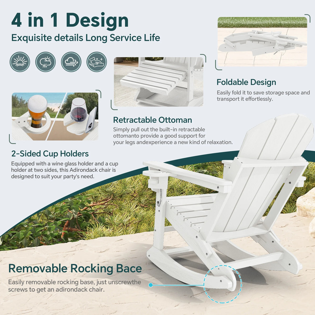 KINGYES Folding Adirondack Rocker Chair Set of 2 W/ Footrest & Dual Cup Holders, HDPE Outdoor Patio Rocking Chair, Black