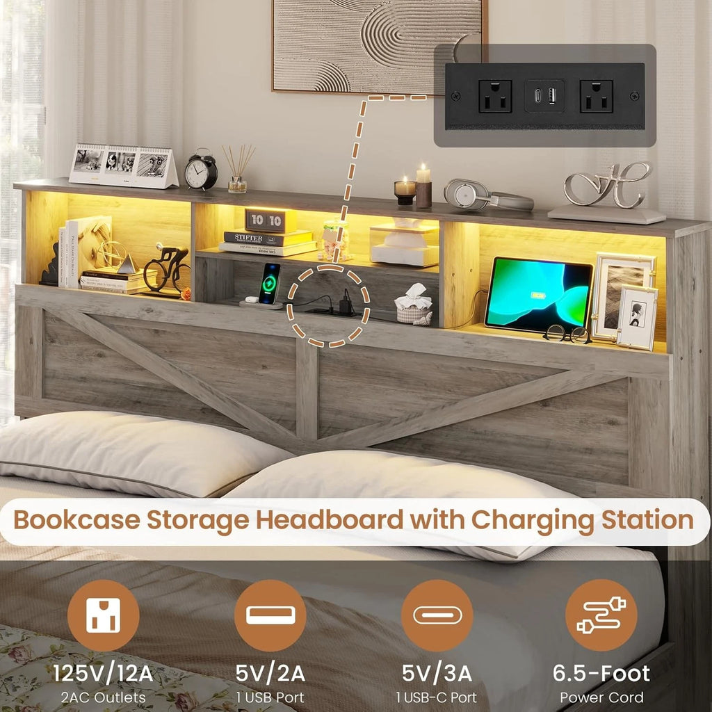 Twin Bed Frame with 4 Storage Drawers and Charging Station, Farmhouse Wooden Led Twin Bed with Storage Hidden Space Headboard and Metal Slats, Gray