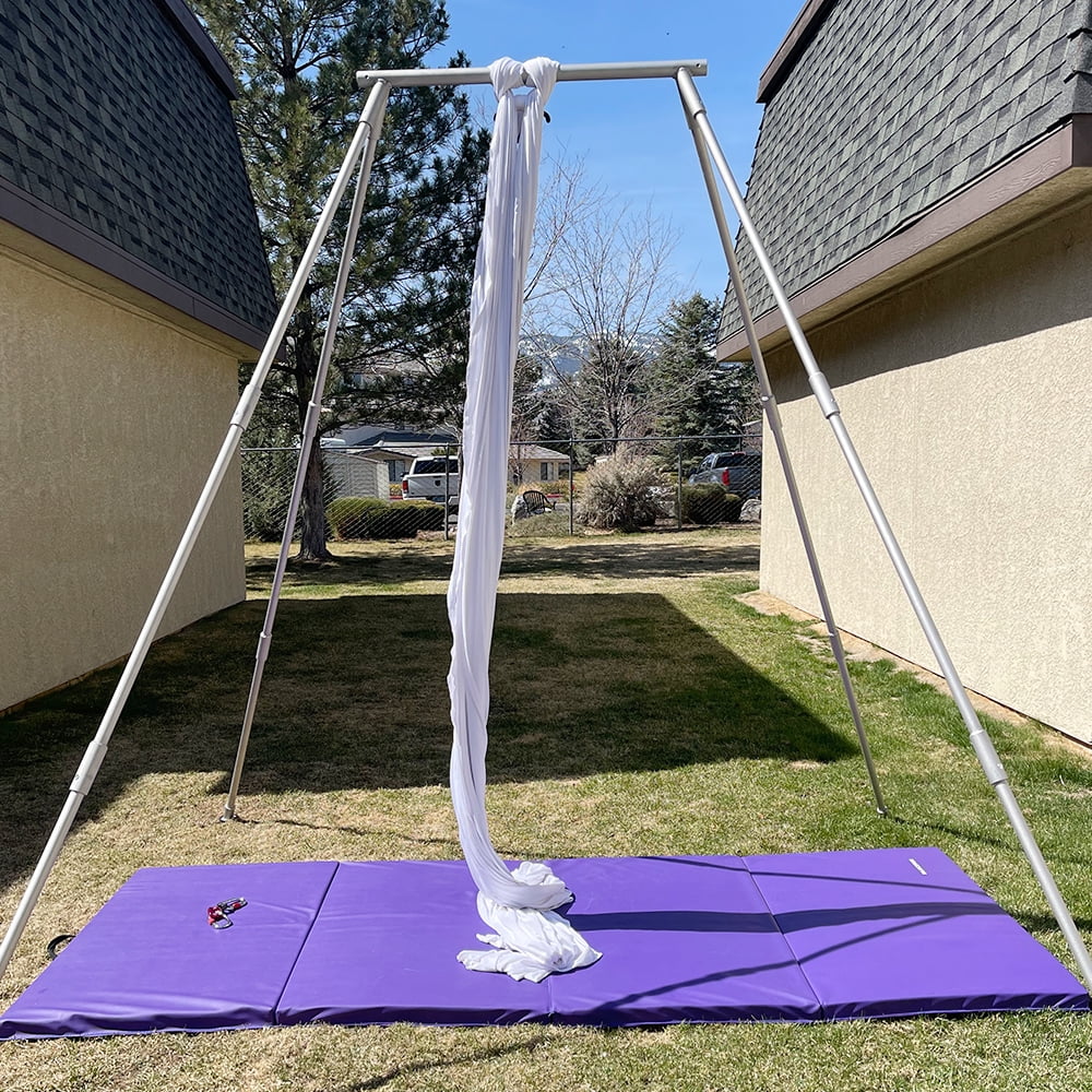 Kojem 97"/2.46m Aerial Stand Yoga Frame Portable Rig Yoga Swing Bar 551 LBS/250KG Indoor Outdoor Aluminum �?Nylon with 39Ft/11.8m Aerial White Silk Yoga Hammocks