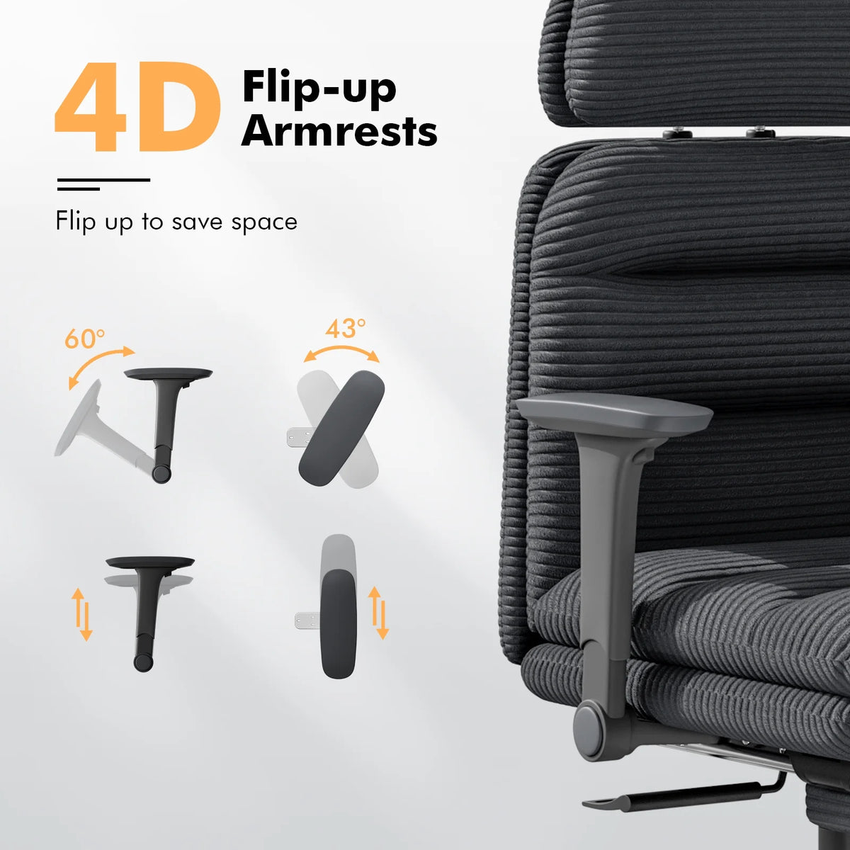 Solfway Criss Cross Chair with Wheels & Flip-up Arms, Executive Office Chair with Foot Rest, Swivel Cross Legged Office Chair, White Corduroy Fabric Comfy Computer Desk Chair, Vanity Chair for Home