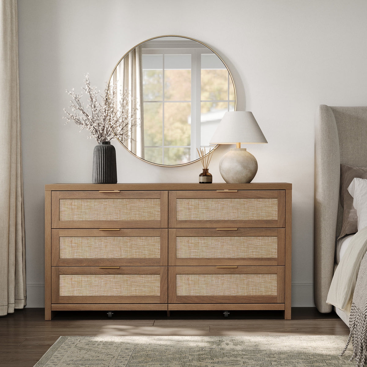 SICOTAS 56.85" 6 Drawer Dresser,Rattan Dresser with Storage,Boho Dressers & Chests of Drawers Wooden Tall  Dresser for Bedroom