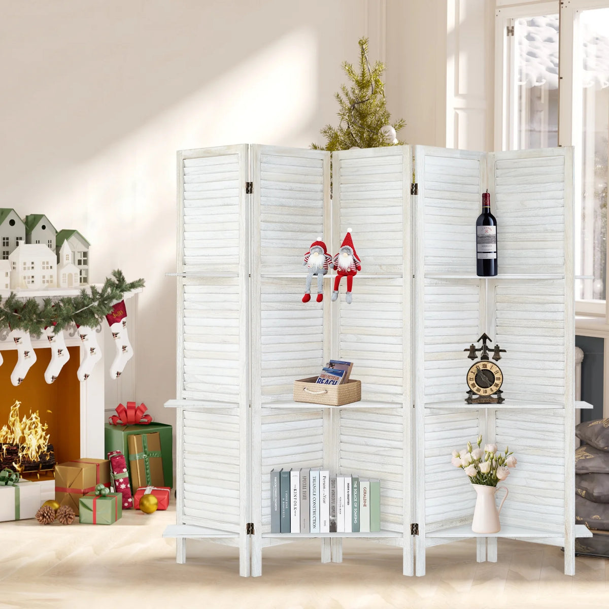 6-Panel Room Divider with Shelves5.6ft Tall Folding Privacy Screen Panels, Room Divider Wall, Divider for Room Separation, Room Divider ShelvesEffectively Block SightNatural