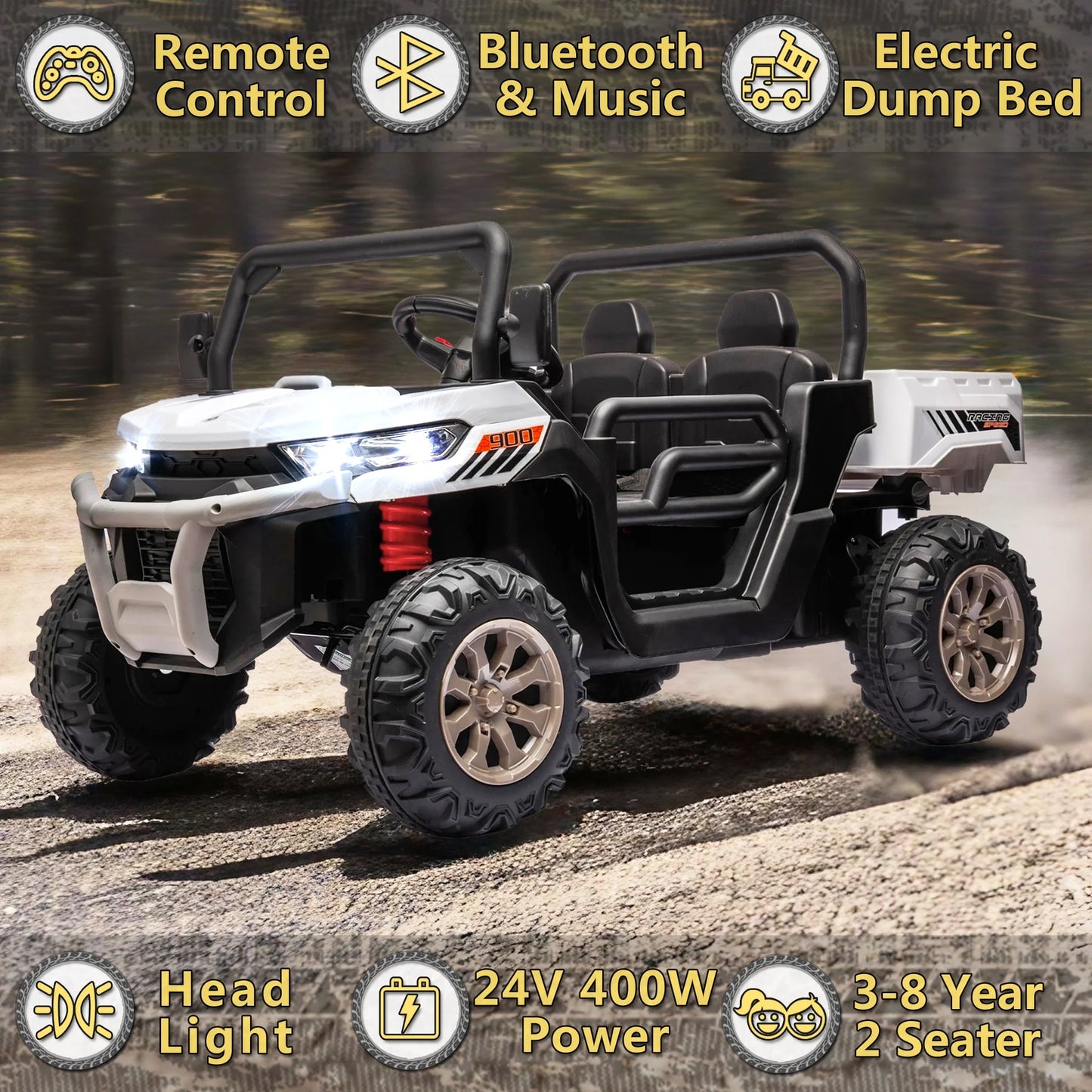 Xuanlur 24V 2 Seater Kids Ride on Car Truck, Ride on UTV W/ 2x200W Motor, 24 Volt Ride on Toys W/ Dump Bed/Shovel, Electric Car for Kids W/ Durable Tires, LED Light, Music, Remote Control, Black