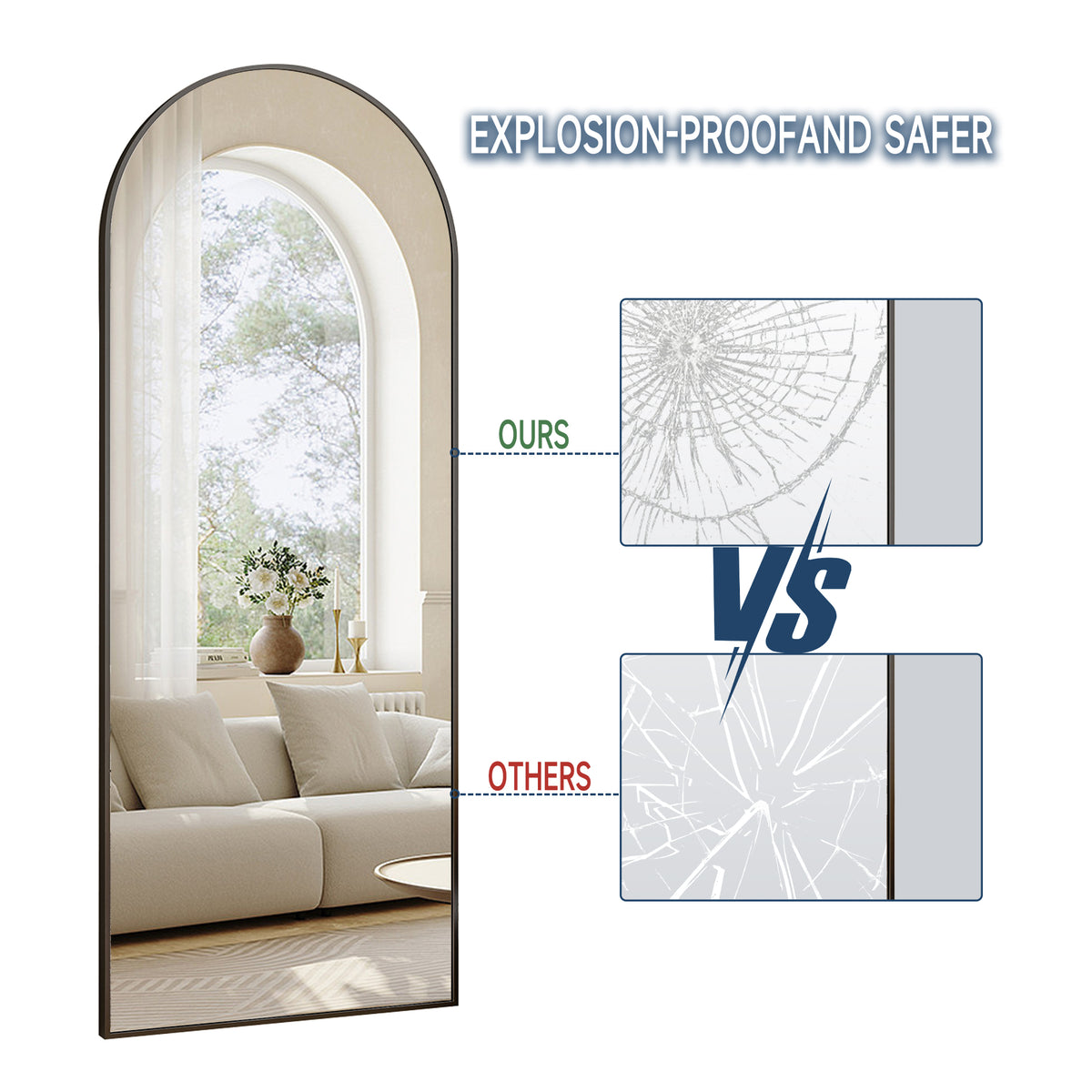 Anyrose 24"x65" Full Length Mirror with Arch-Top Standing Mirror Wall Mounted, Black