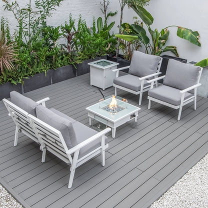 LeisureMod Walbrooke Modern Aluminum 5-Piece Patio Conversation Set with Outdoor Square Fire Pit Table with Slats Design & Side Table Tank Holder (Green)