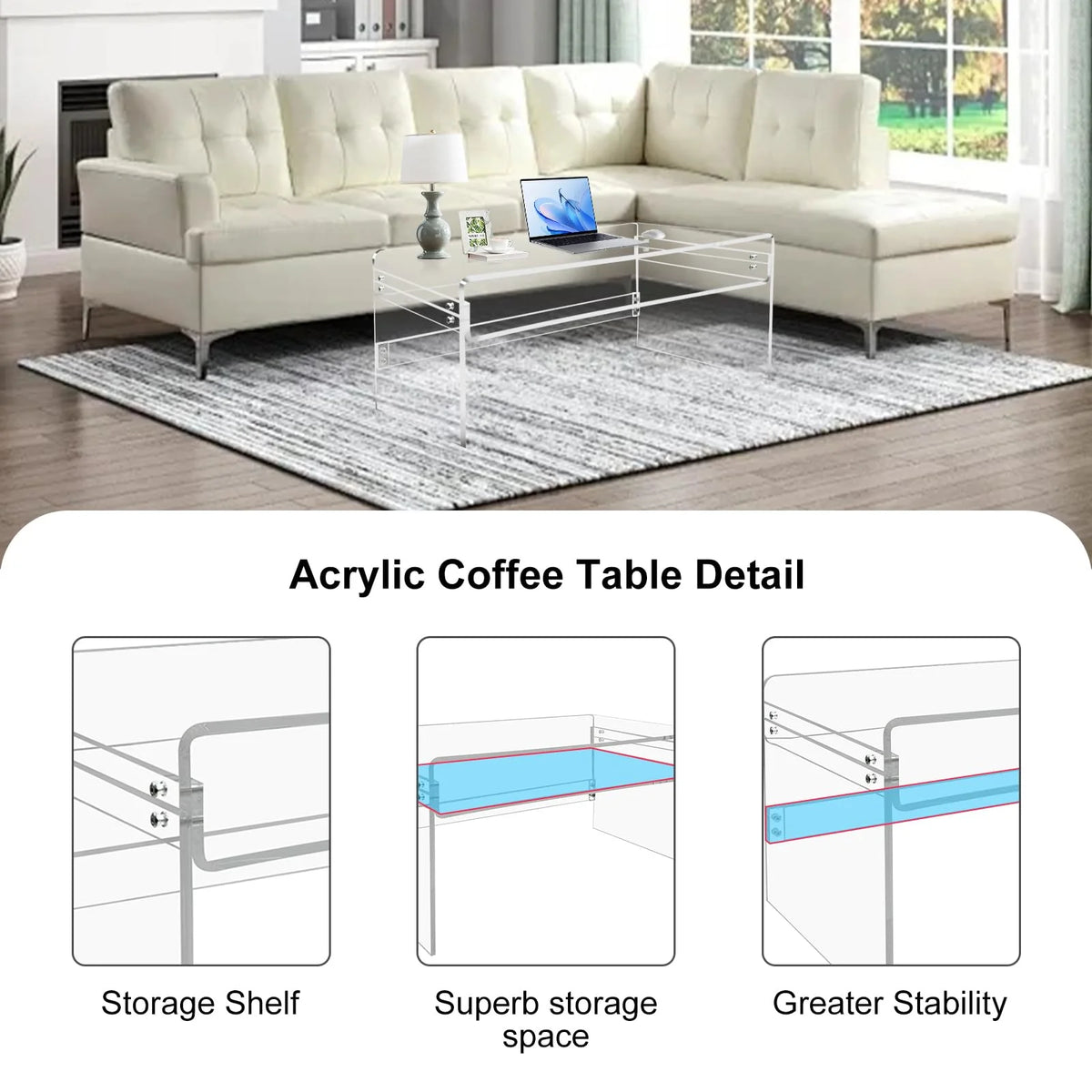 VDGPWA 32" Rectangle Waterfall Coffee Table, 0.6" Thick All Acrylic, Clear