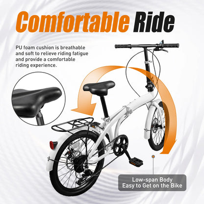 LOYALHEARTDY 20" Folding Bike 7-Speed Unisex Mountain Bicycle Adjustable Height MTB City Bike for Adult Teenager High Carbon Steel Foldable Bicycle for Riding Traveling w/Dual Disc Brakes & Fender