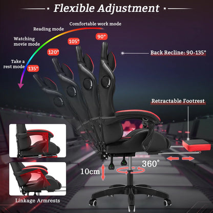 Hoffree Gaming Chair with Bluetooth Speakers Office Chair with Footrest and LED Lights Ergonomic Gaming Chairs High Back with Lumbar Support and Headrest Adjustable Swivel for Home Office 300lb