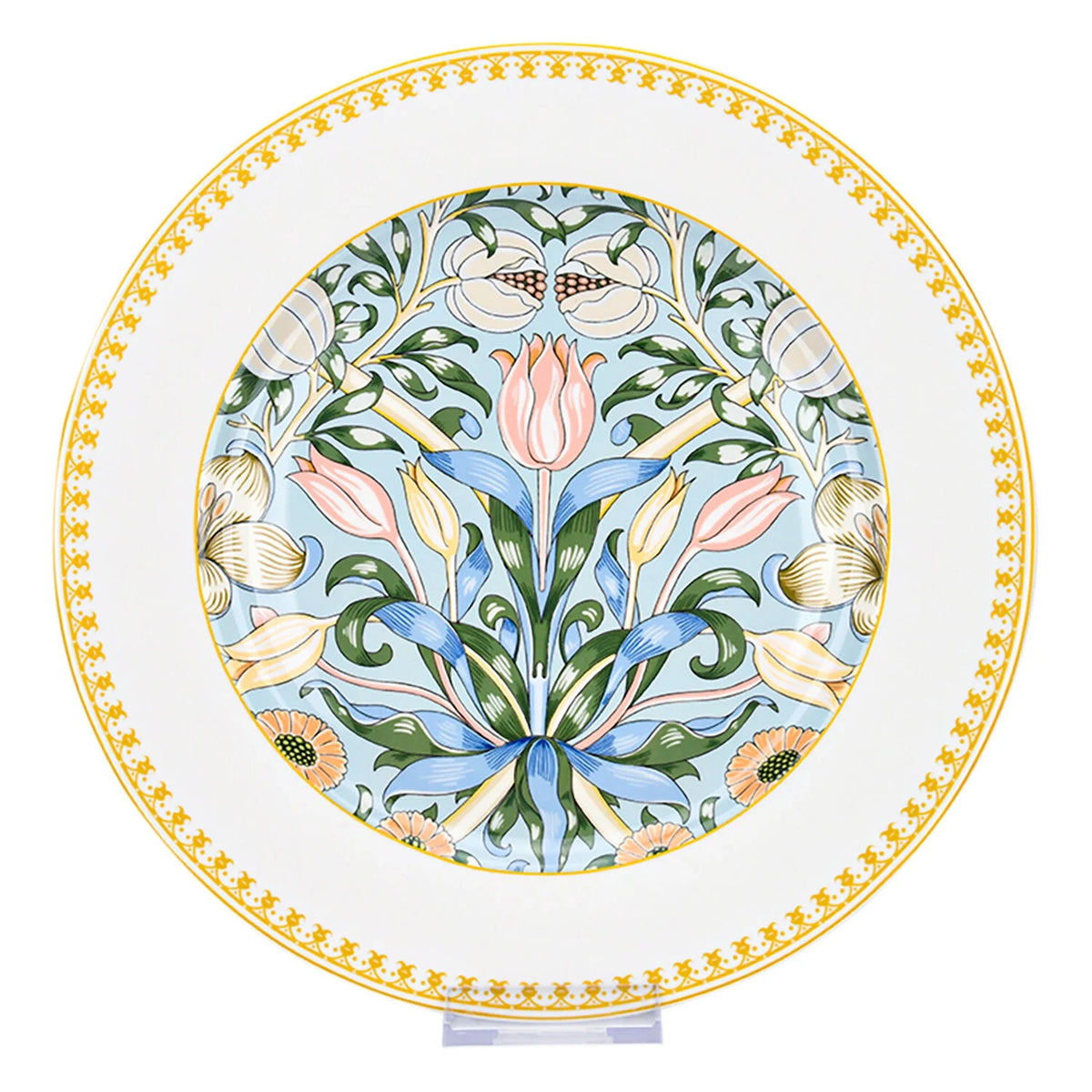 STP GOODS Melodie de Fleurs Bone China Dinnerware Set of 24 Service for 6 24-Piece Dish Set of Plates and Bowls, Blue Gold White